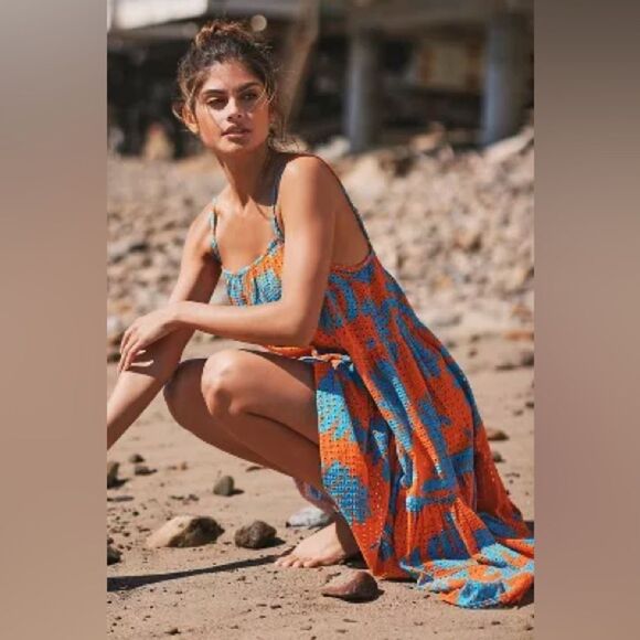 Solid & Striped Eyelet Lace Sundress Orange Blue Cotton Midi Resort Summer S NWT - Picture 2 of 10